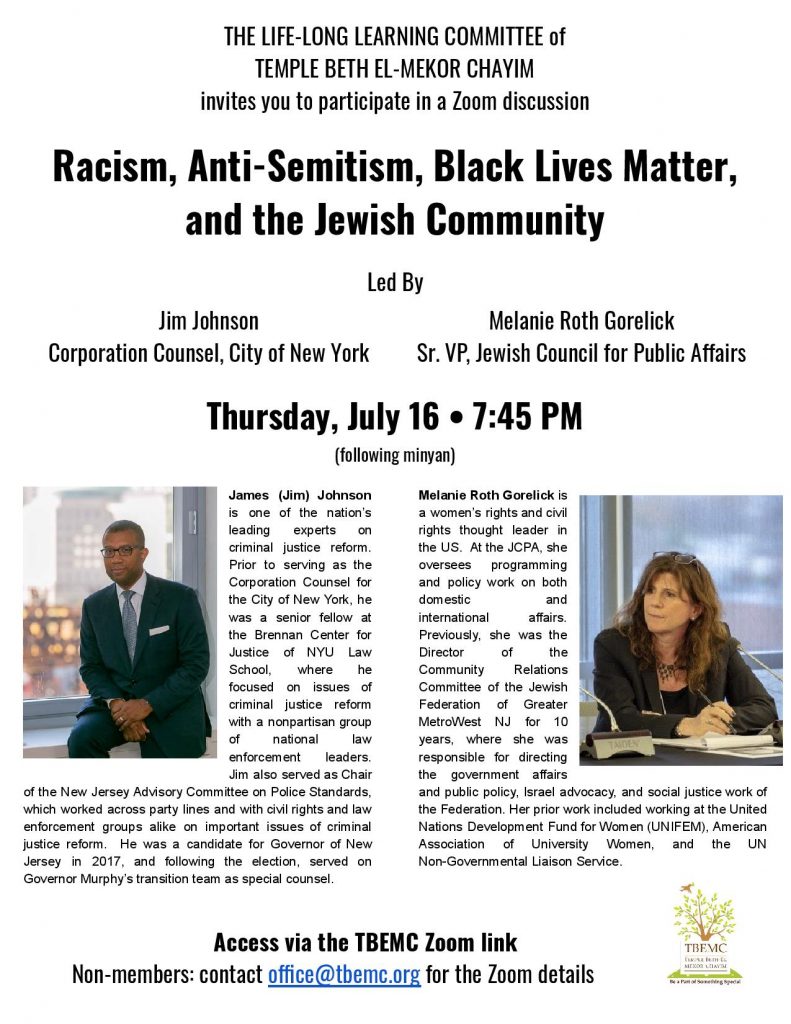 Poster for discussion on "Racism, Anti-Semitism, Black Lives Matter, and the Jewish Community"