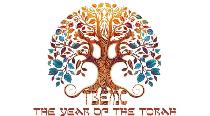 An intricate tree with colorful leaves forms the backdrop. Underneath, Hebrew text followed by the English phrase "The Year of the Torah" is displayed in stylized lettering.